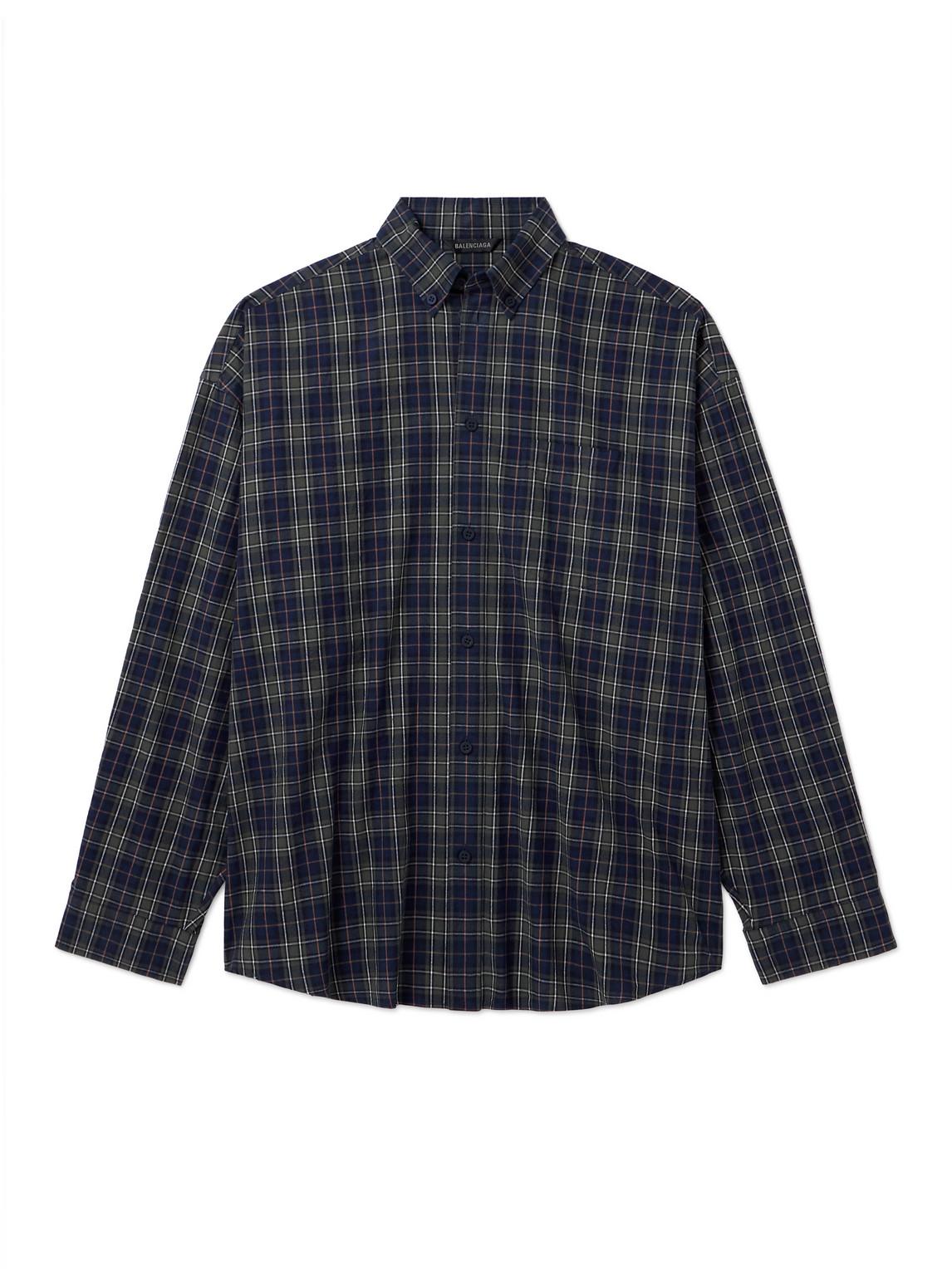 Balenciaga Oversized Button Down Collar Logo Print Checked Cotton Flannel Shirt in Blue for Men Lyst