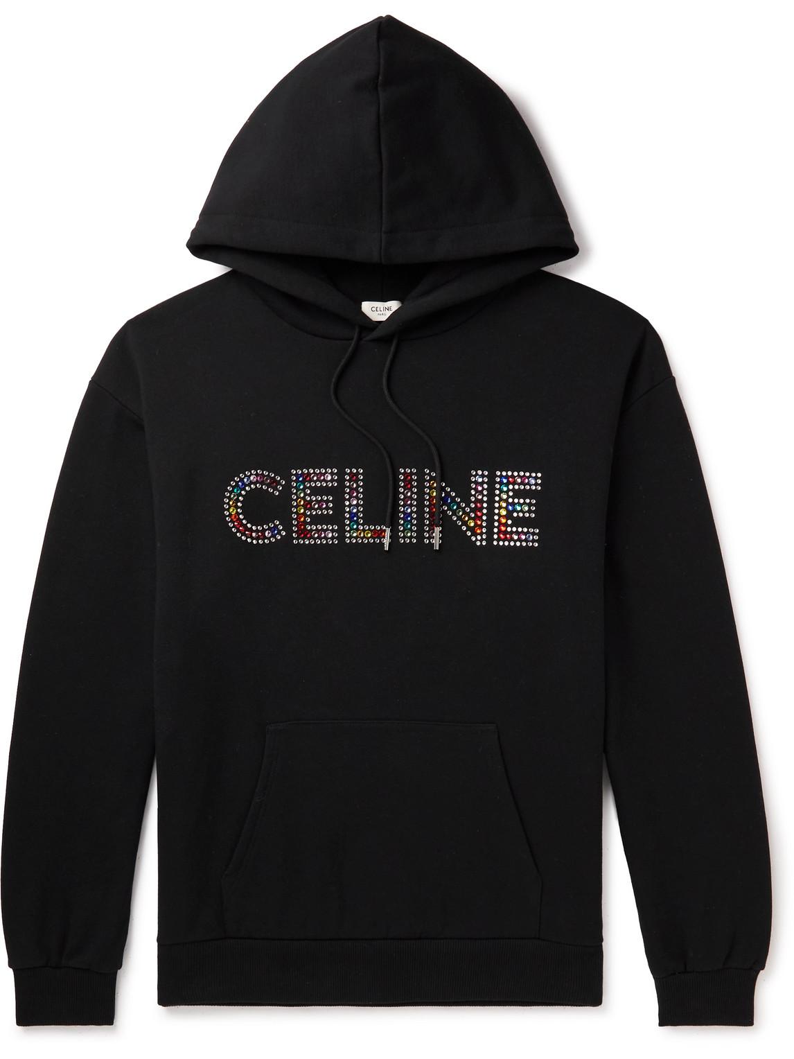 CELINE HOMME Logo-embellished Cotton-jersey Hoodie in Black for Men | Lyst