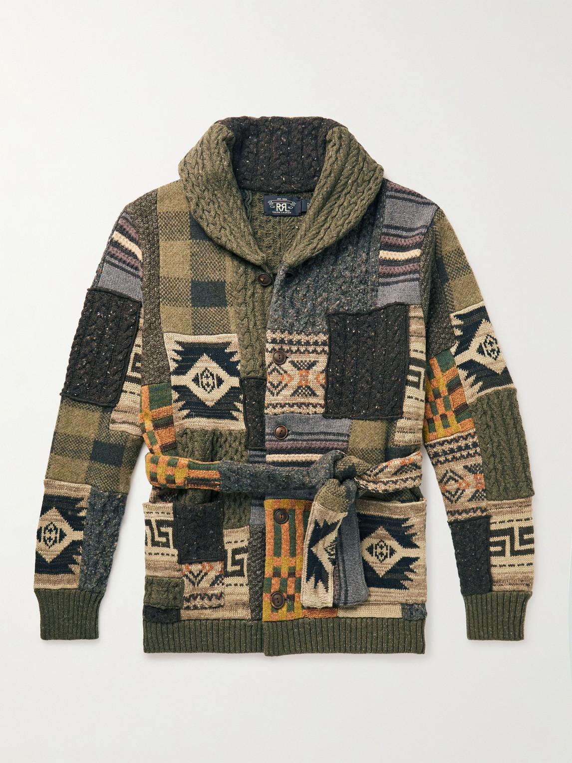 RRL Shawl collar Belted Patchwork Wool blend Cardigan in Grey for