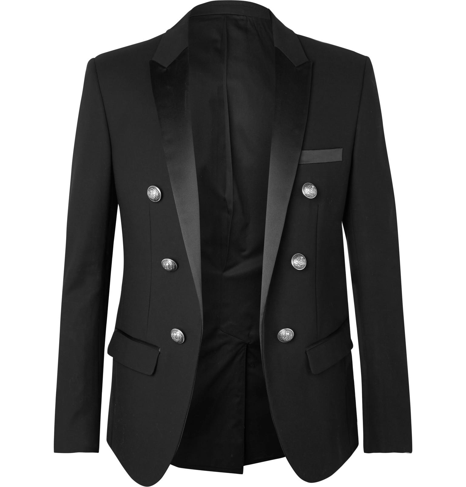 Balmain Black Slim-fit Double-breasted Satin-trimmed Cotton Blazer for ...