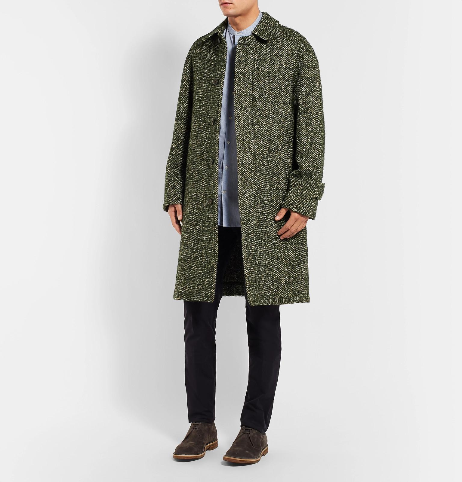 Drake's Herringbone Wool Coat in Green for Men - Lyst