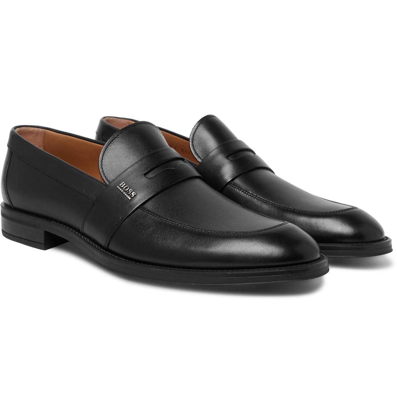 BOSS by HUGO BOSS Coventry Burnished-leather Penny Loafers in Black for Men  | Lyst