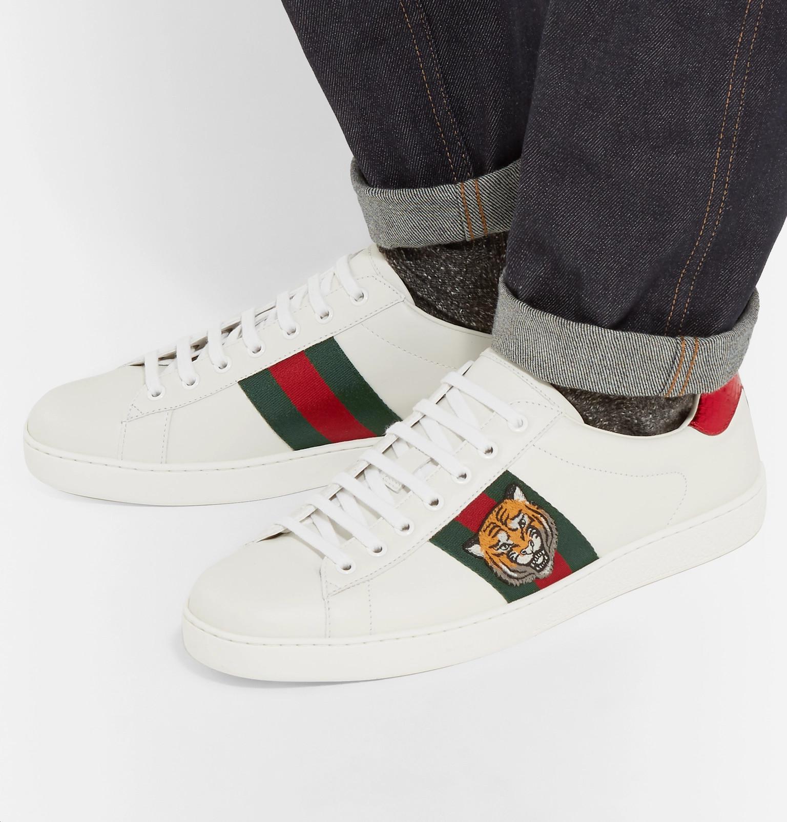 Gucci Ace Embroidered Watersnake And Leather Sneakers in White for Men
