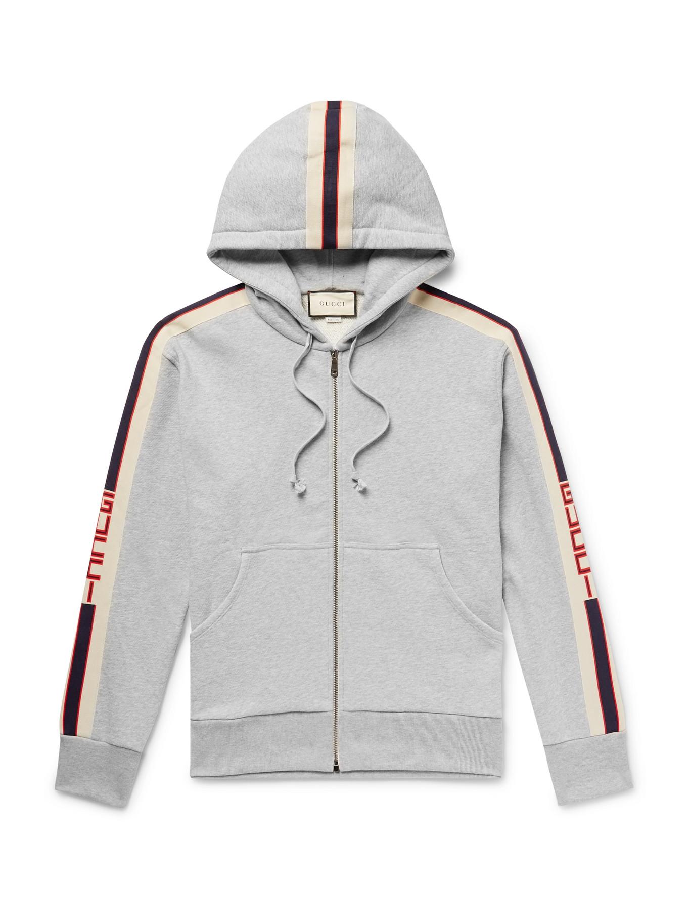 Gucci Logo Webbing-trimmed Loopback Cotton-jersey Zip-up Hoodie in Gray ...