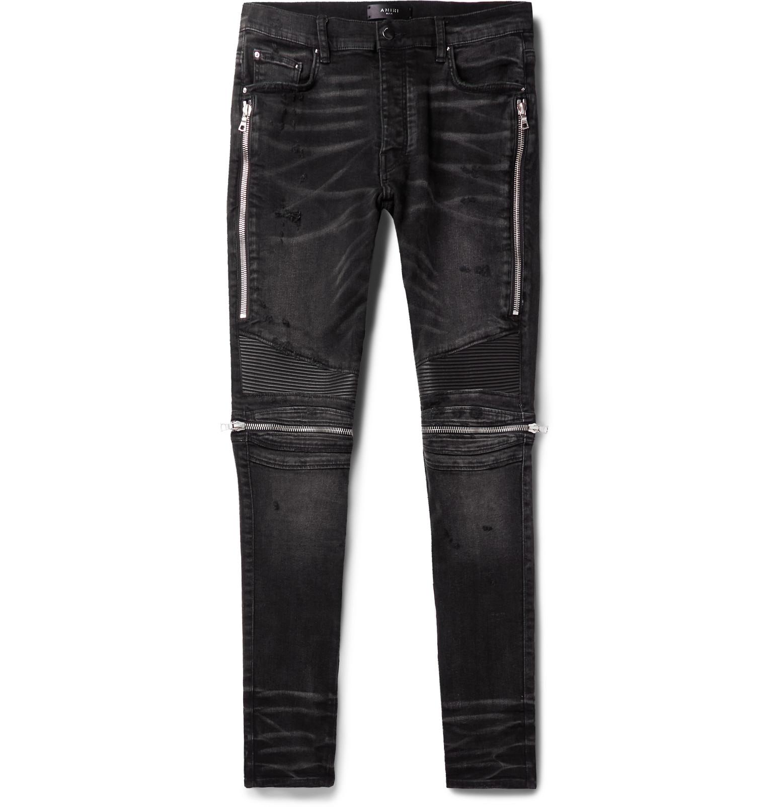 Amiri Mx2 Skinny-fit Leather-panelled Distressed Stretch-denim Jeans in ...