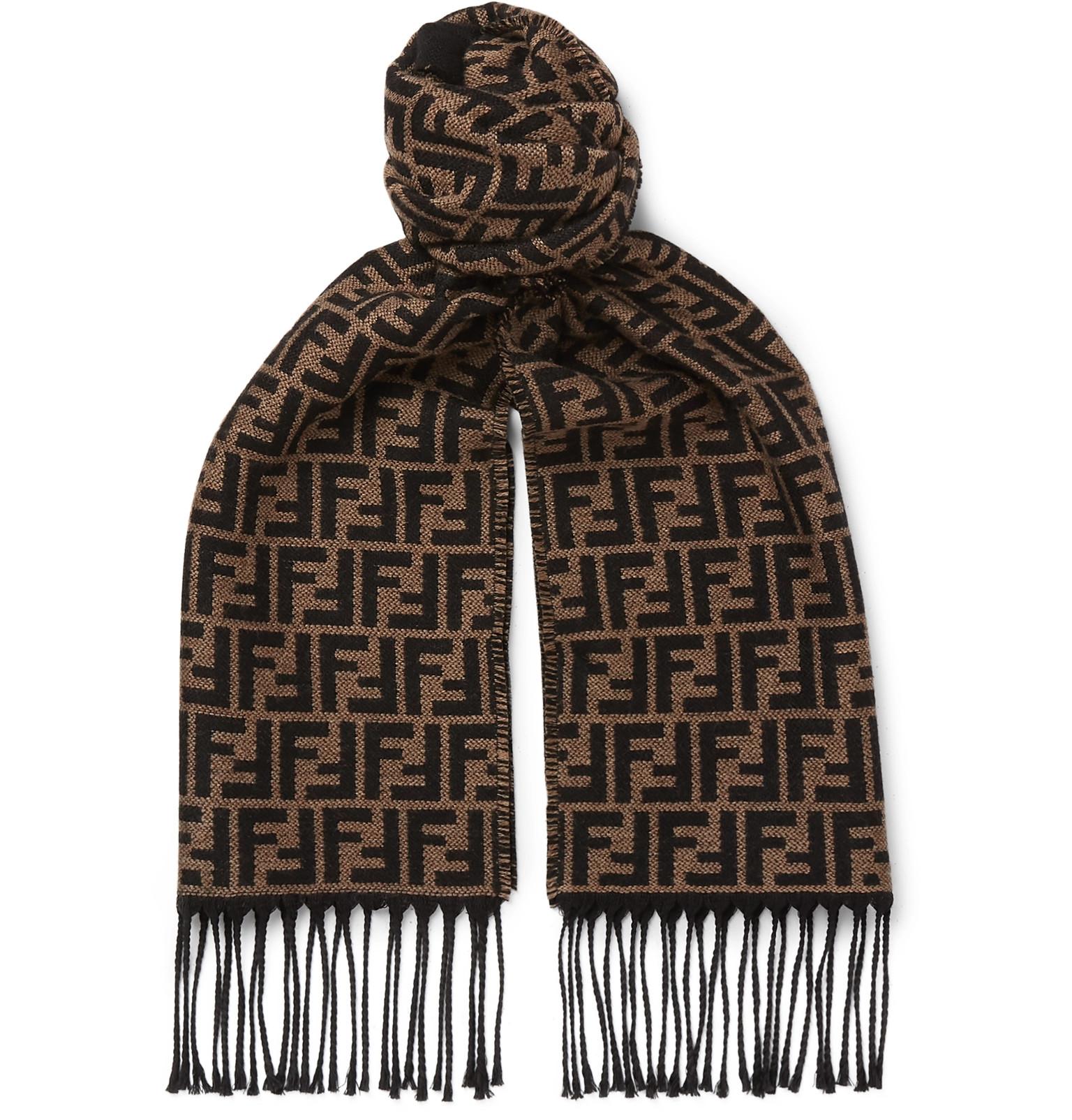 Fendi Fringed Logo-intarsia Wool Scarf in Brown for Men | Lyst