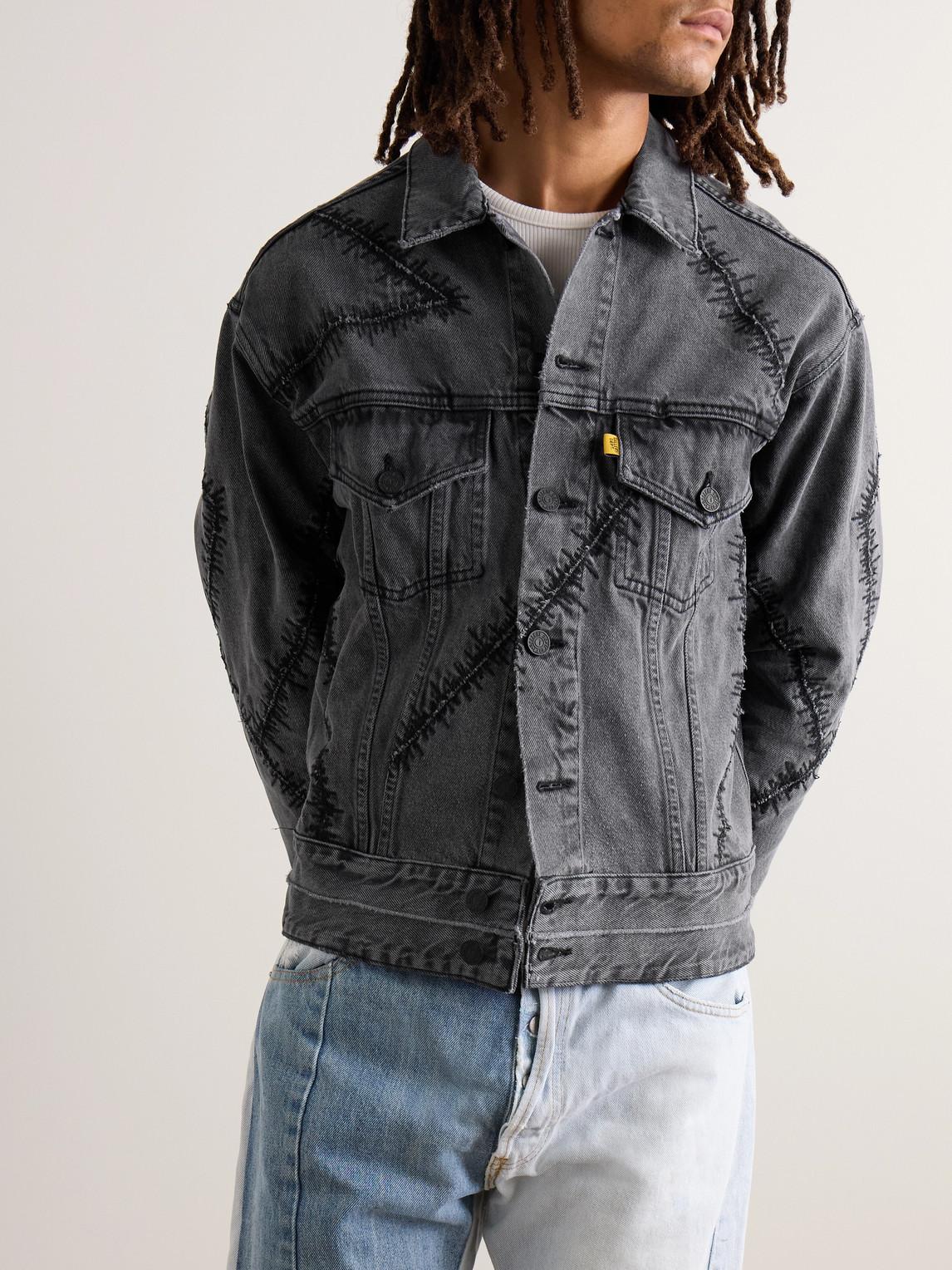 GALLERY Scar Embroidered Distressed Denim Jacket in Black