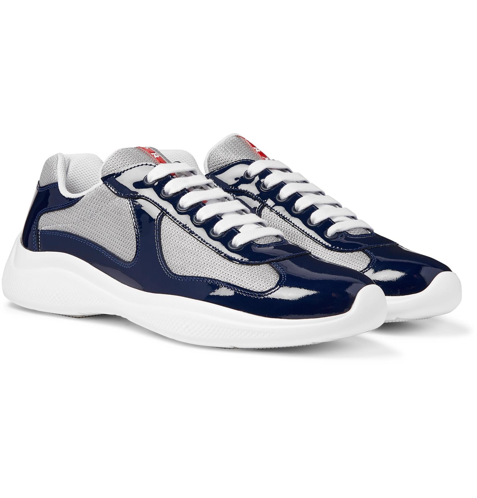 Prada America's Cup Patent-leather And Mesh Sneakers in Navy (Blue) for ...