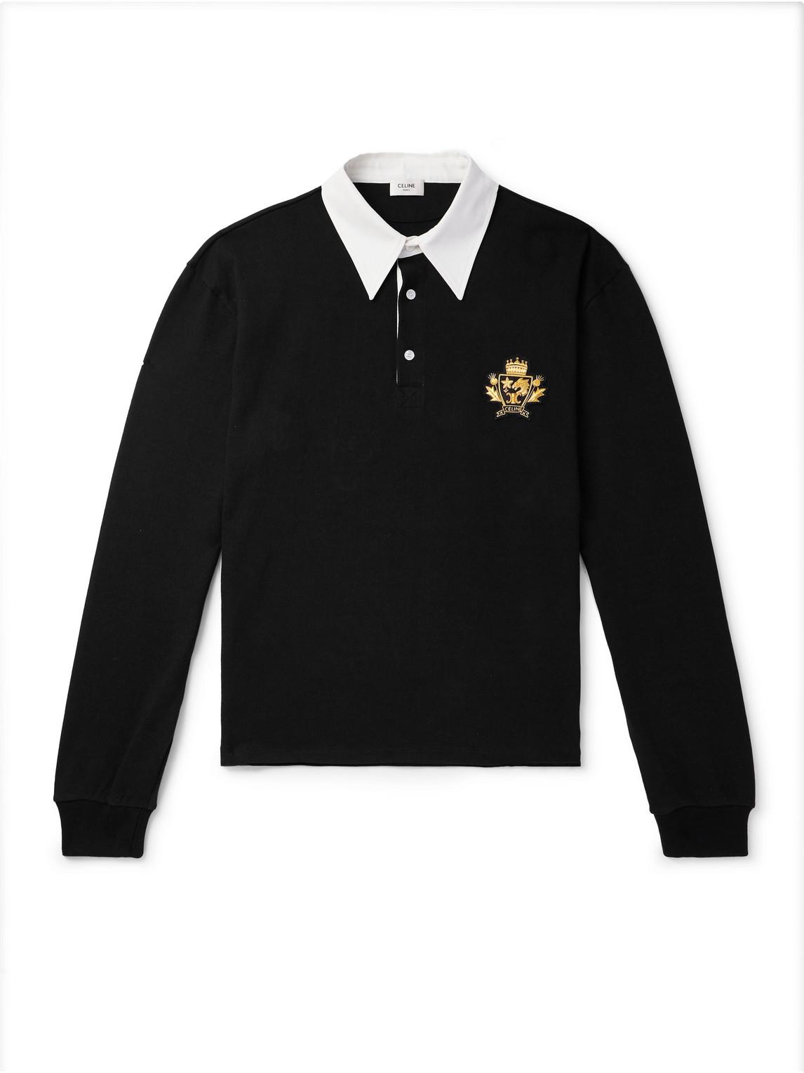 Celine Logo-Appliquéd Twill-Trimmed Cotton Polo Shirt in Black for