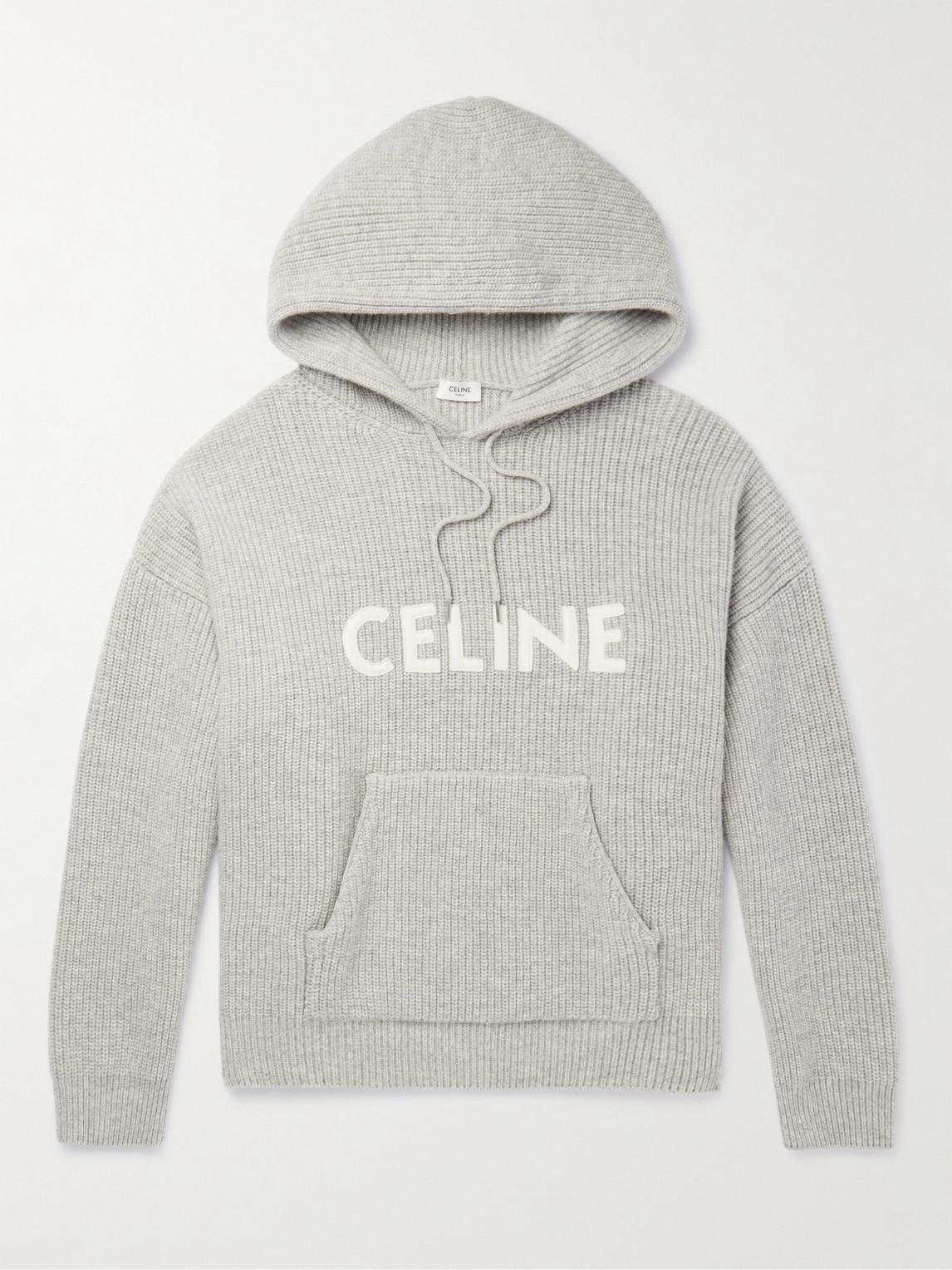 Celine Logo-appliquéd Ribbed Wool Hoodie in Grey for Men