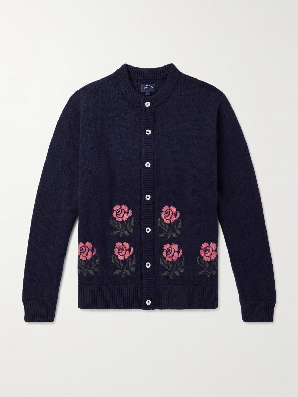 Noah Floral-Jacquard Shetland Wool Cardigan in Blue for Men