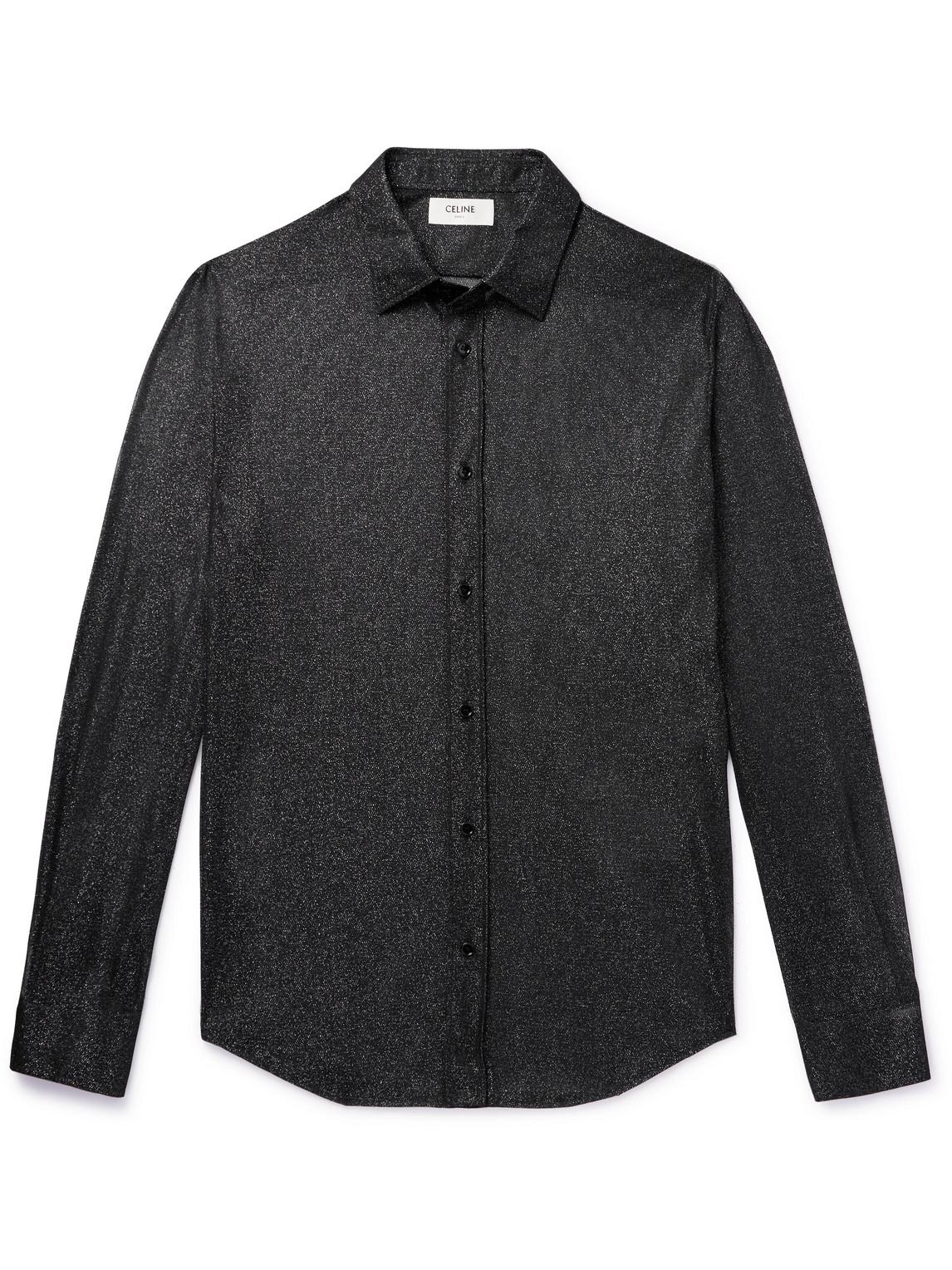 CELINE HOMME Cutaway-collar Metallic Mesh Shirt in Black for Men