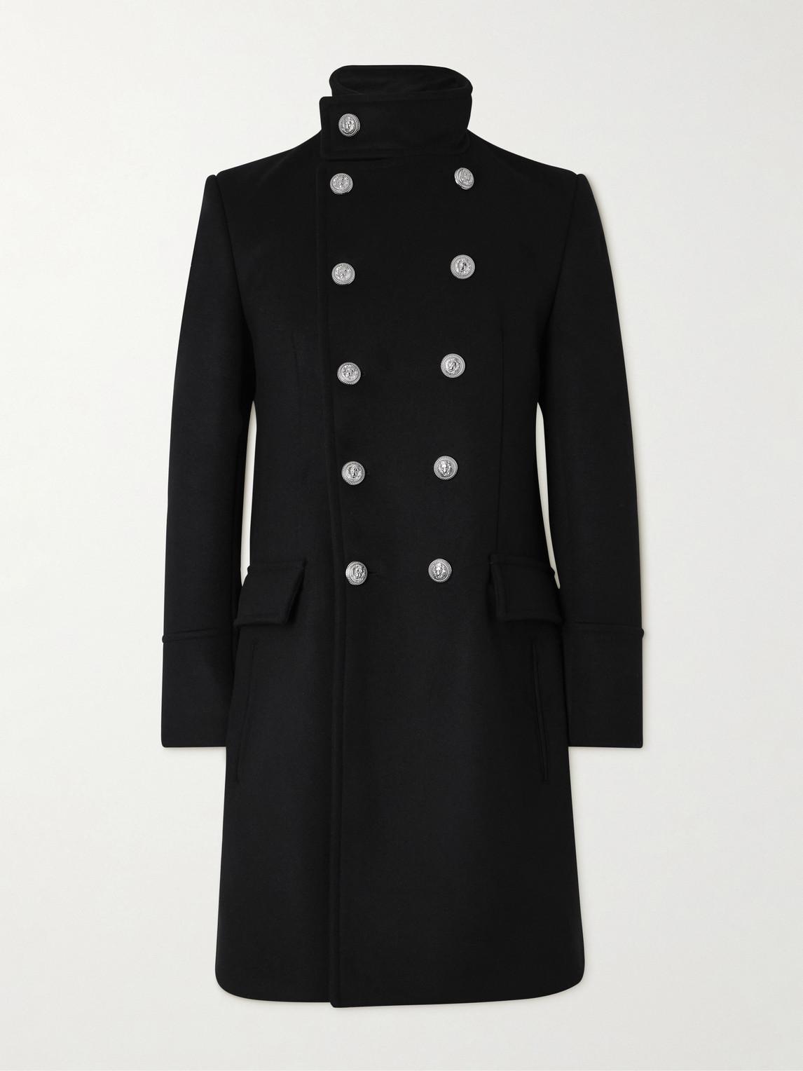 Balmain Double Breasted Wool Coat in Black for Men Lyst UK