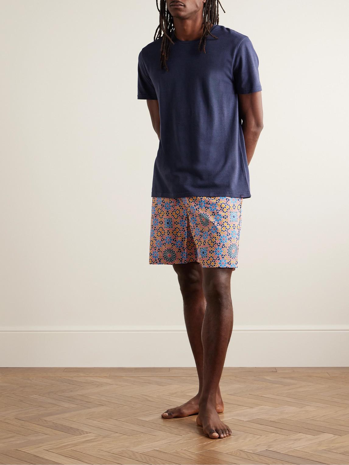 Derek Rose Ledbury 69 Printed Cotton poplin Pyjama Shorts in Blue