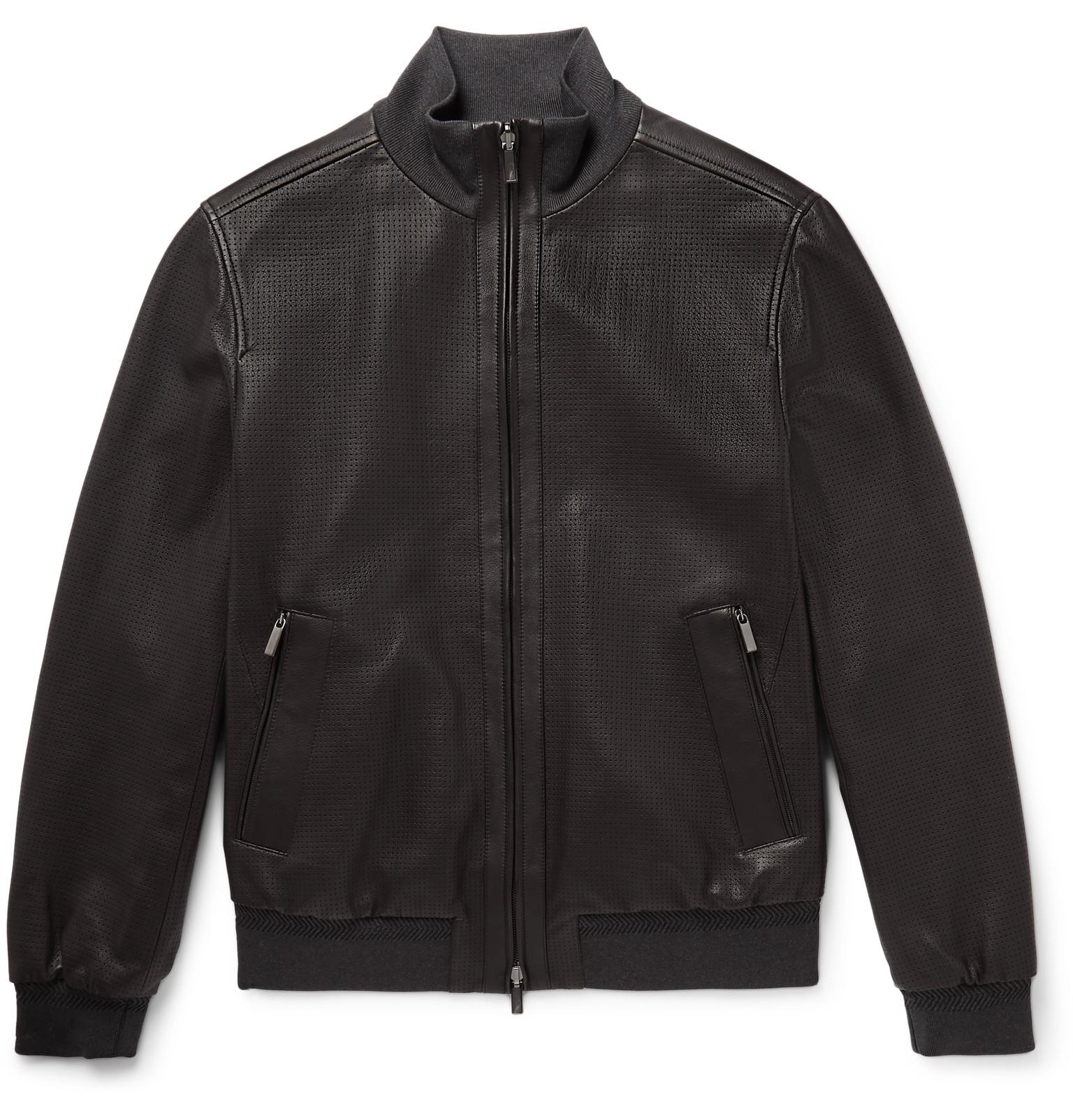 Zegna Reversible Perforated Leather And Shell Bomber Jacket in Black ...
