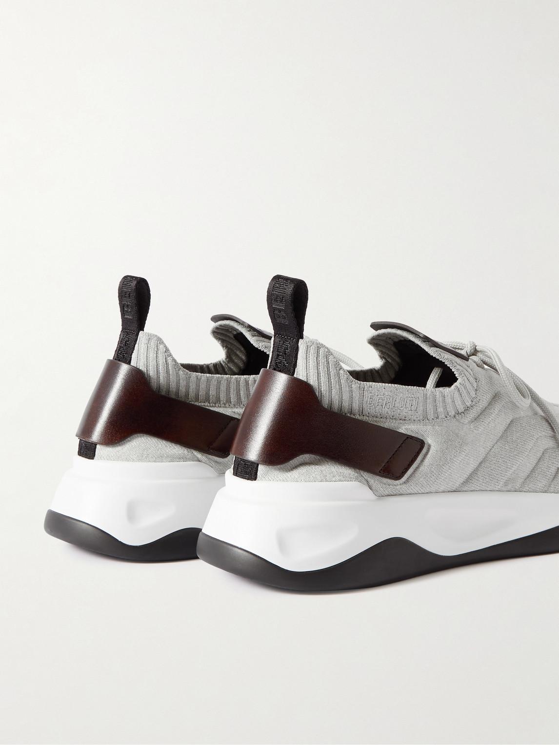Berluti Shadow Leather-Trimmed Stretch-Knit Sneakers in White for