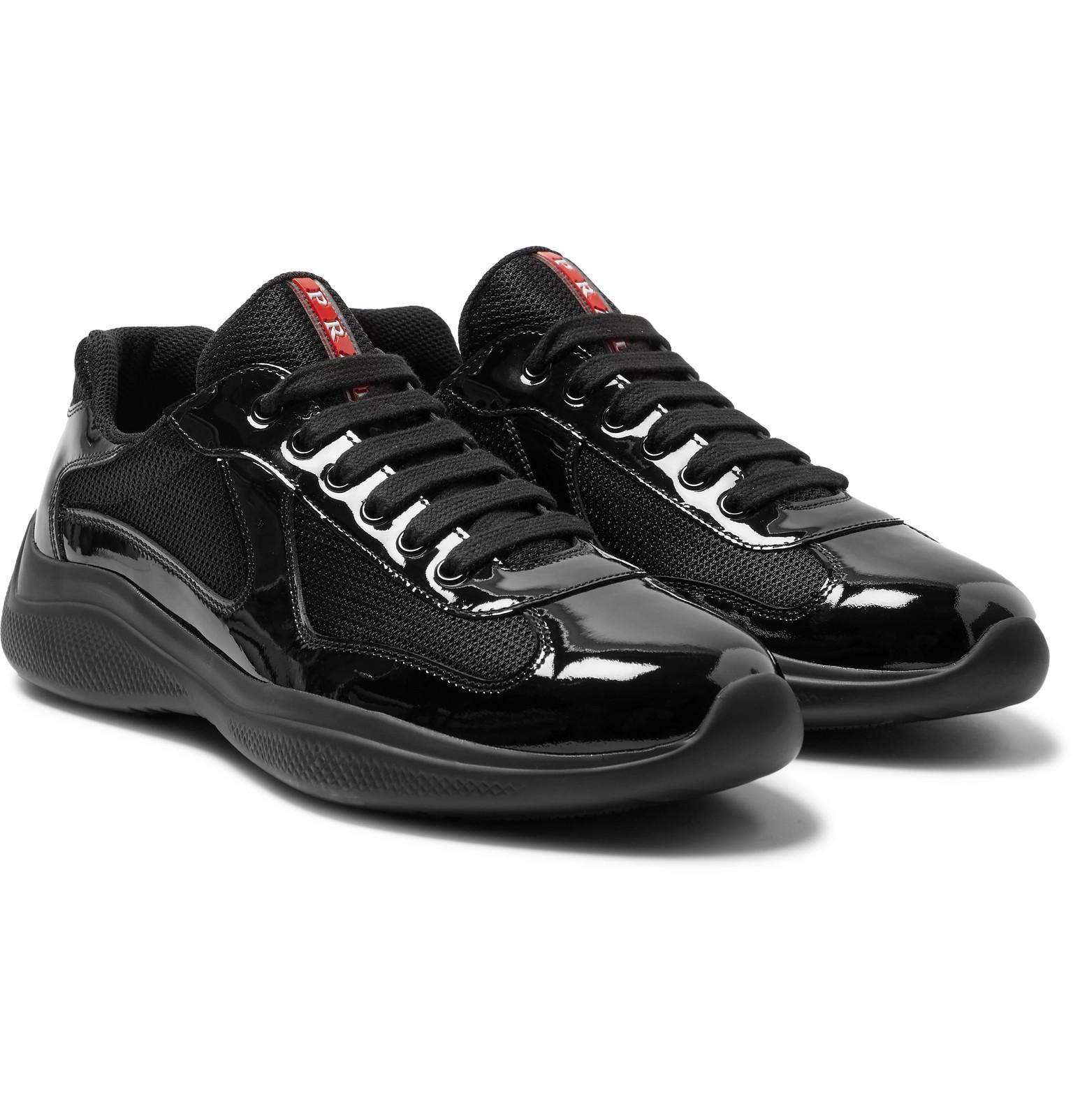 Prada Americas Cup Patent Leather And Mesh Sneakers In Black For Men