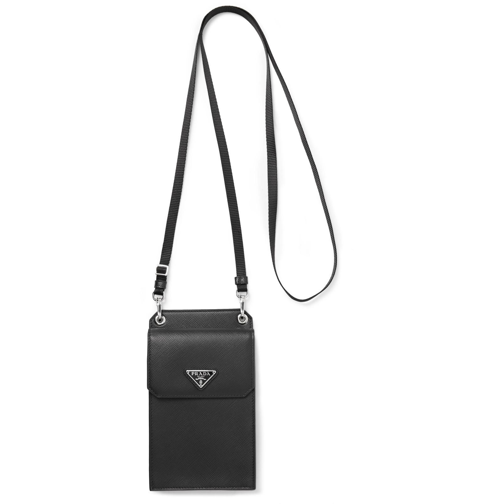 Prada Saffiano Leather Phone Case With Webbing Lanyard in Black 