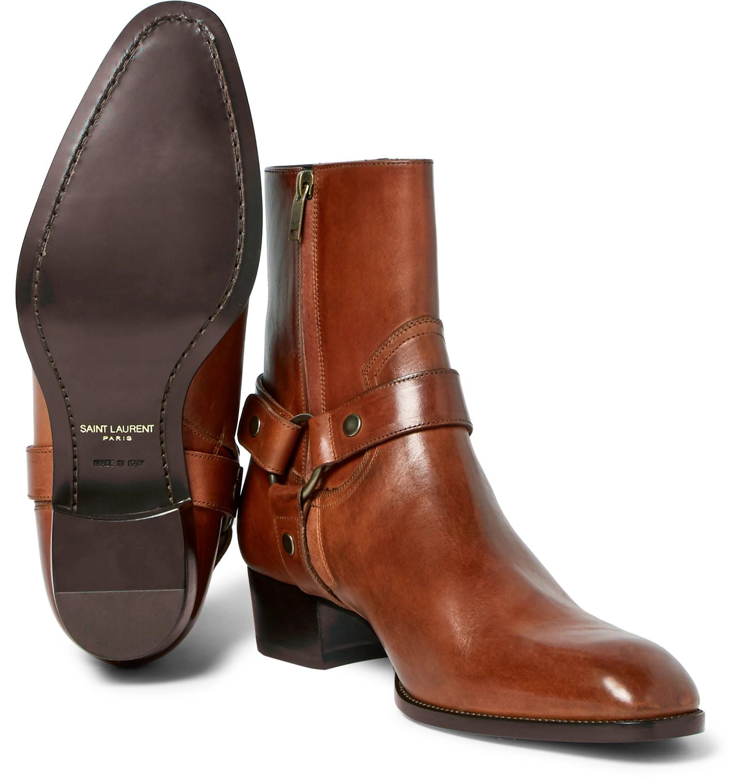 Saint Laurent Wyatt Burnished-leather Harness Boots in Brown for 