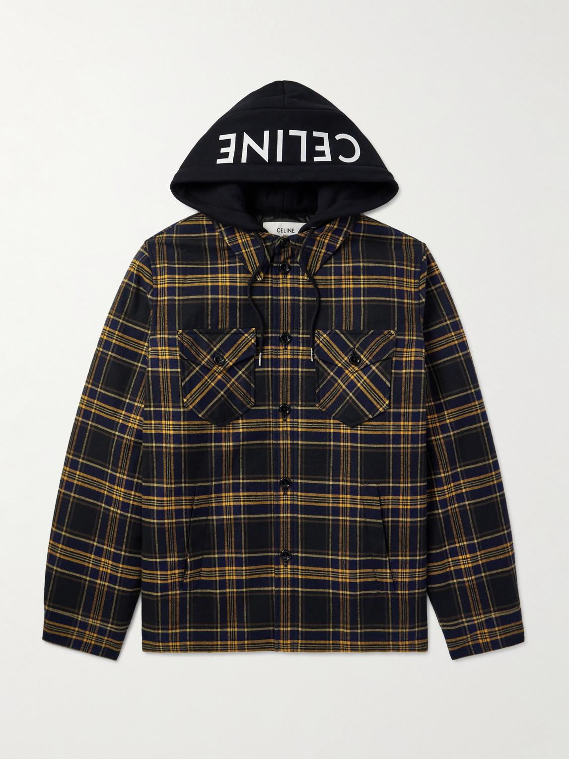 Celine Logo-Print Jersey And Checked Cotton-Flannel Hooded