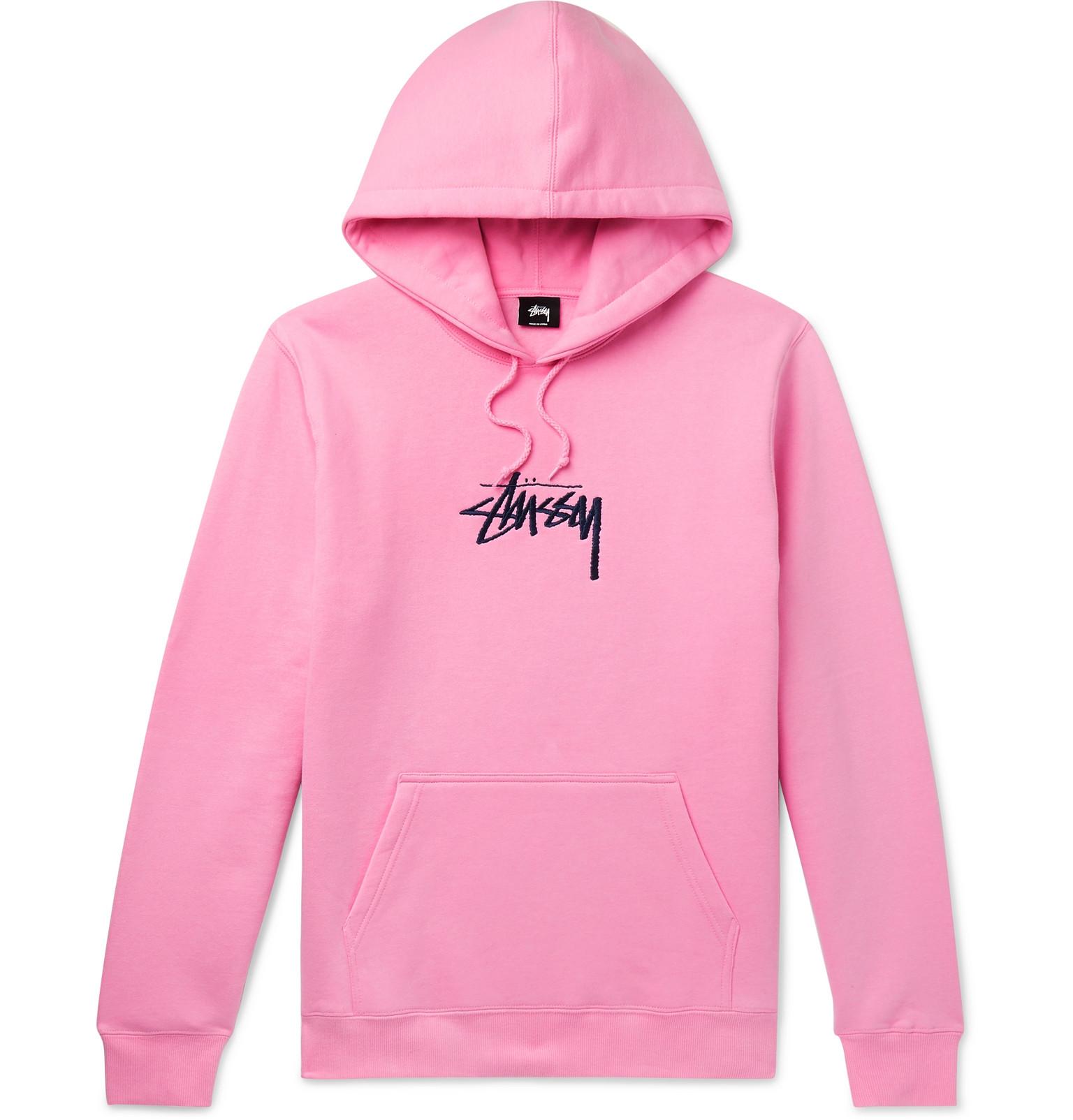 Stussy Logo-embroidered Fleece-back Cotton-blend Jersey Hoodie in Pink ...