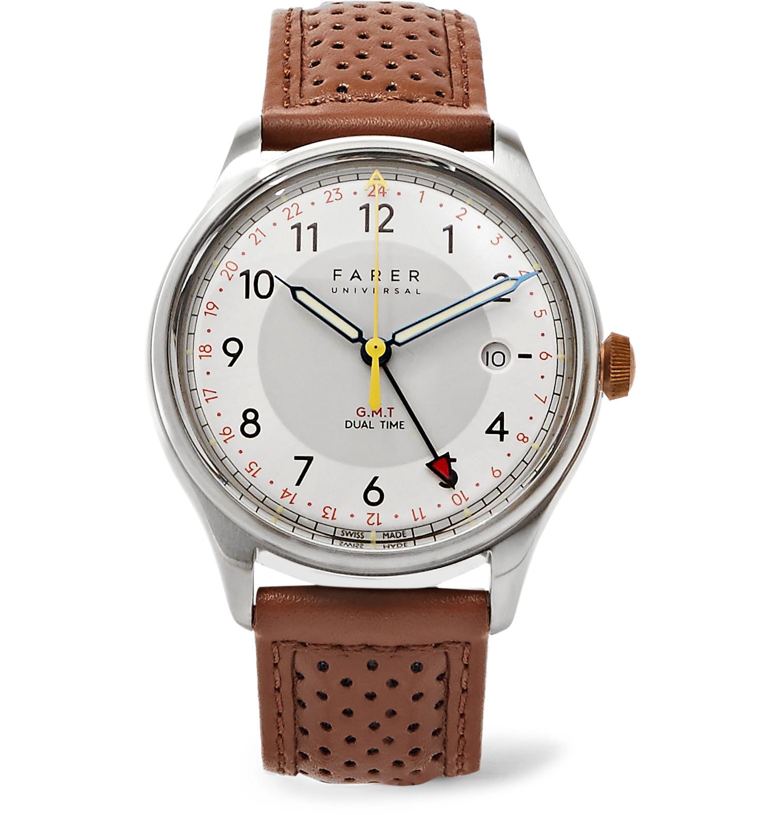 Farer Barnato Ii Gmt Stainless Steel And Leather Watch in Metallic for Men  | Lyst