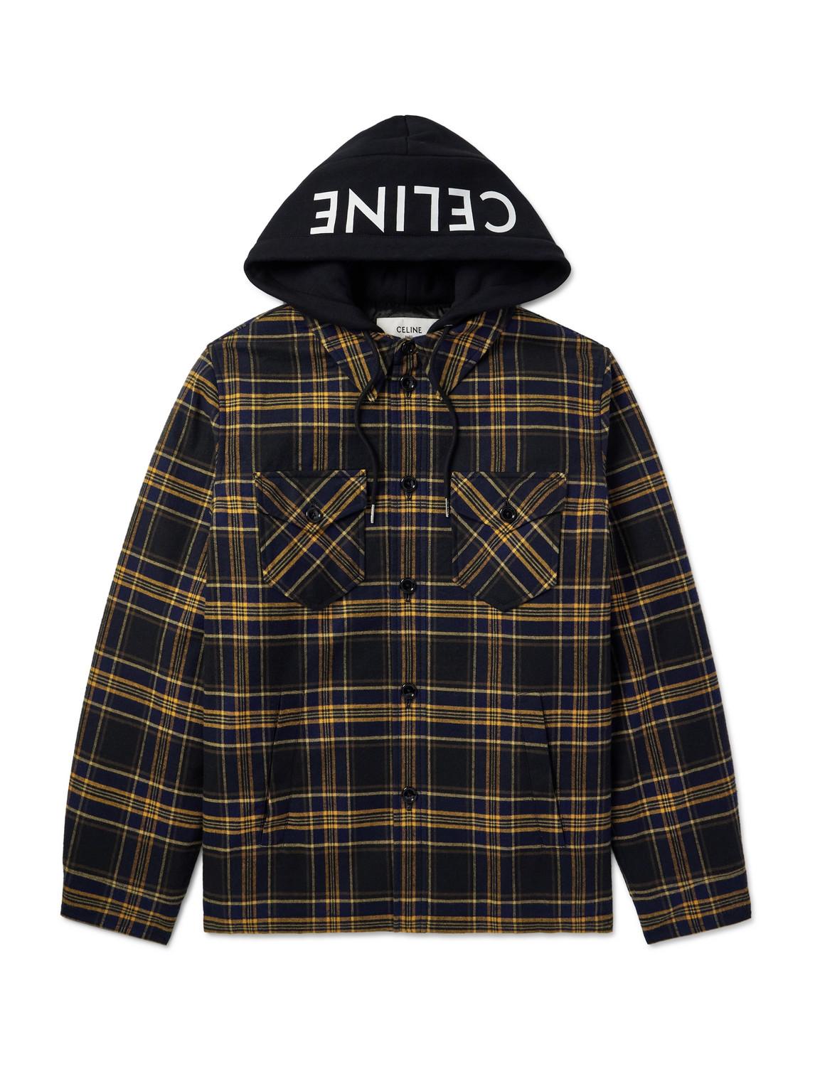 Celine Logo-Print Jersey And Checked Cotton-Flannel Hooded