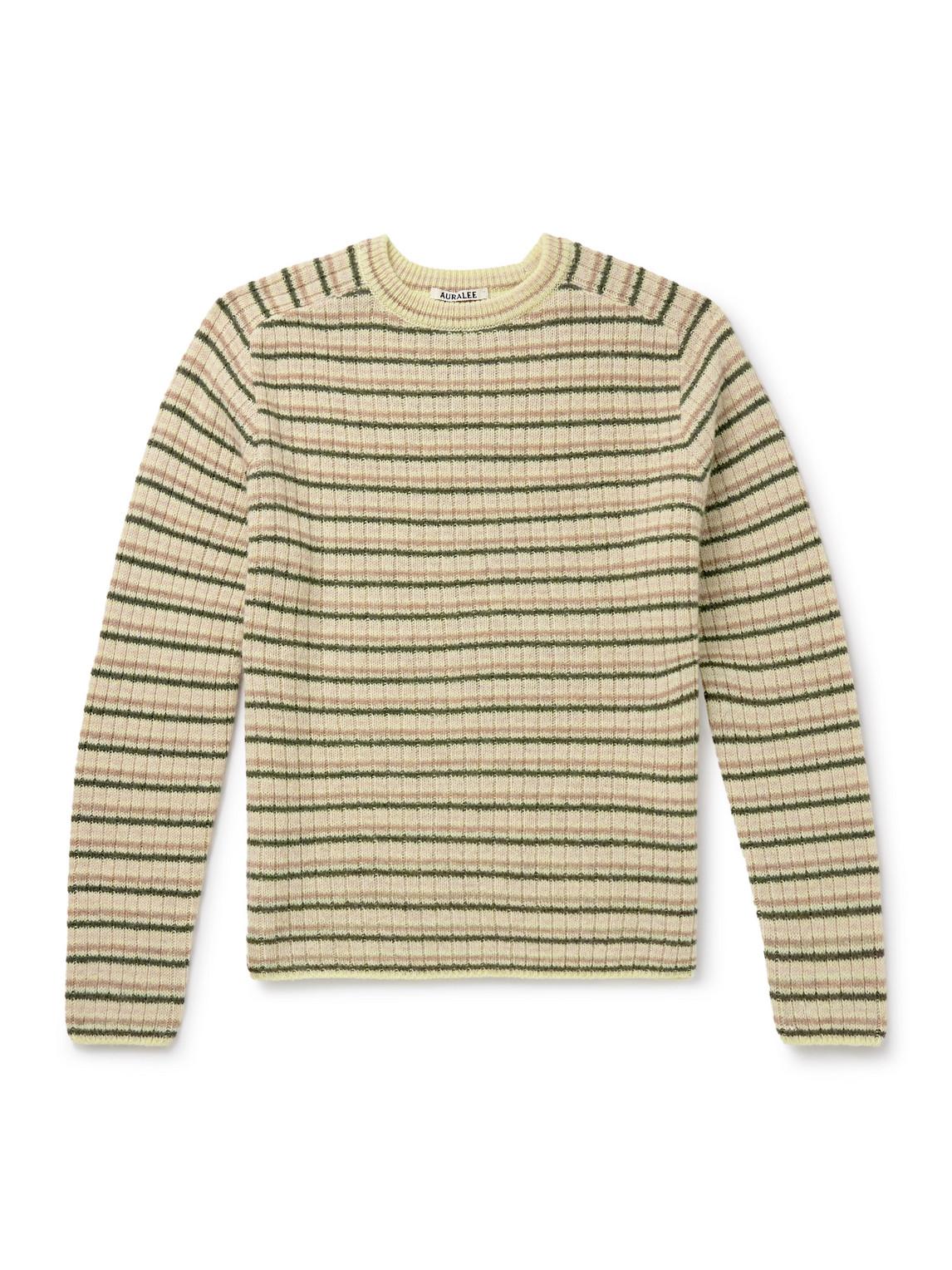 AURALEE Striped Shetland Wool And Cashmere-Blend Sweater in White