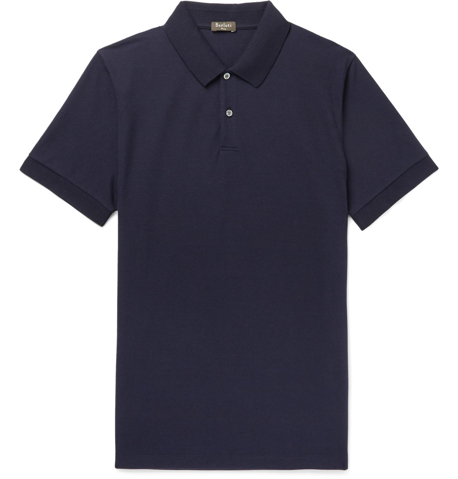 Berluti Leather-trimmed Cotton-piqué Polo Shirt in Navy (Blue) for Men ...