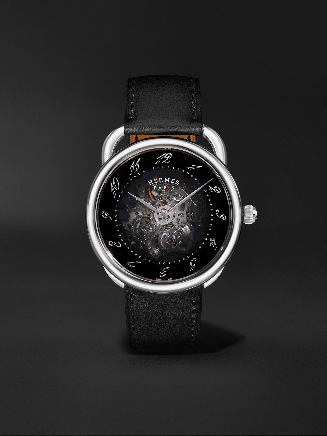 Hermès Arceau Squelette Automatic 40mm Stainless Steel And Leather Watch in  Black for Men | Lyst