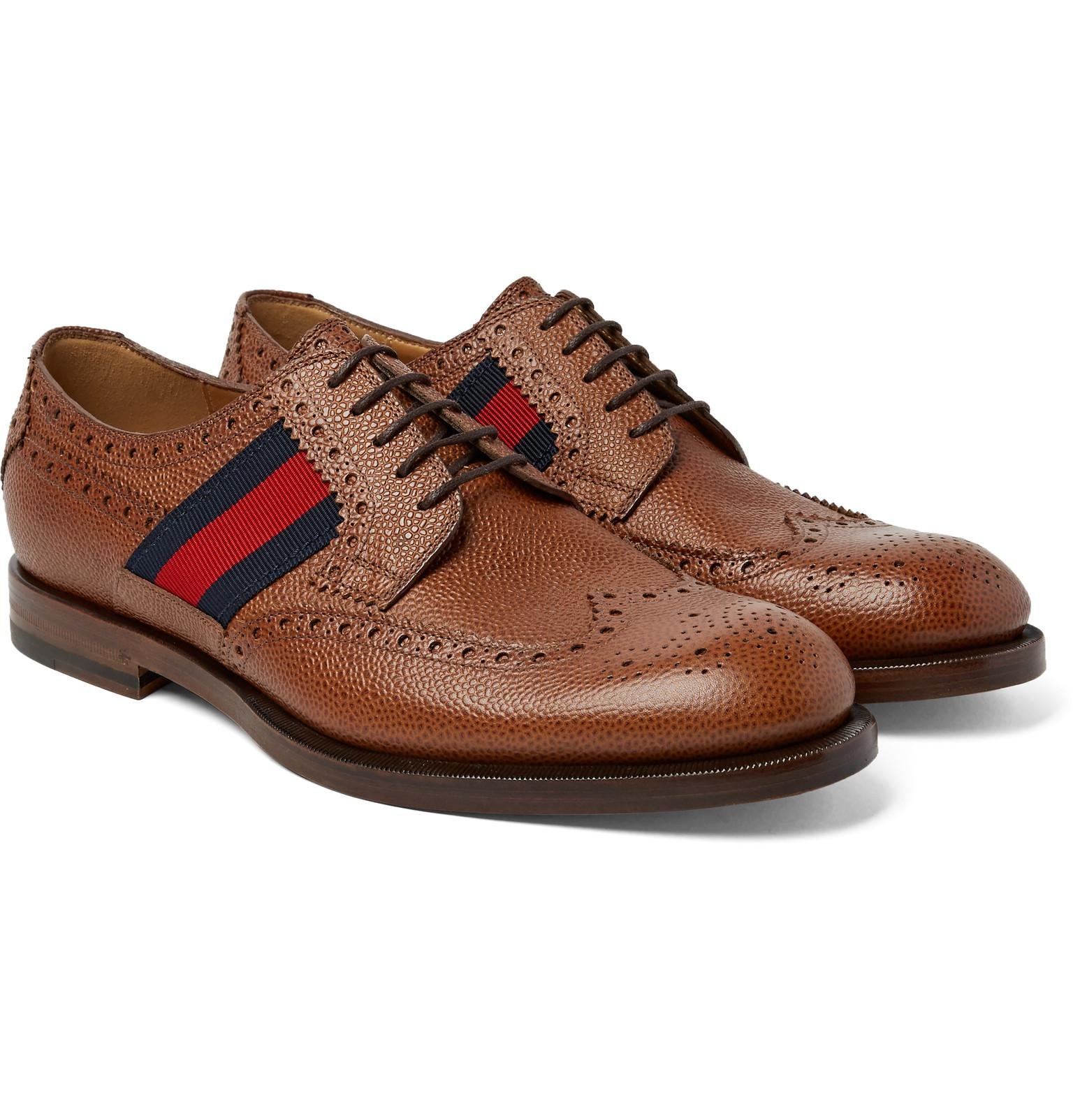 Gucci - Webbing-trimmed Pebble-grain Leather Wingtip Brogues - Tan in Brown  for Men - Lyst