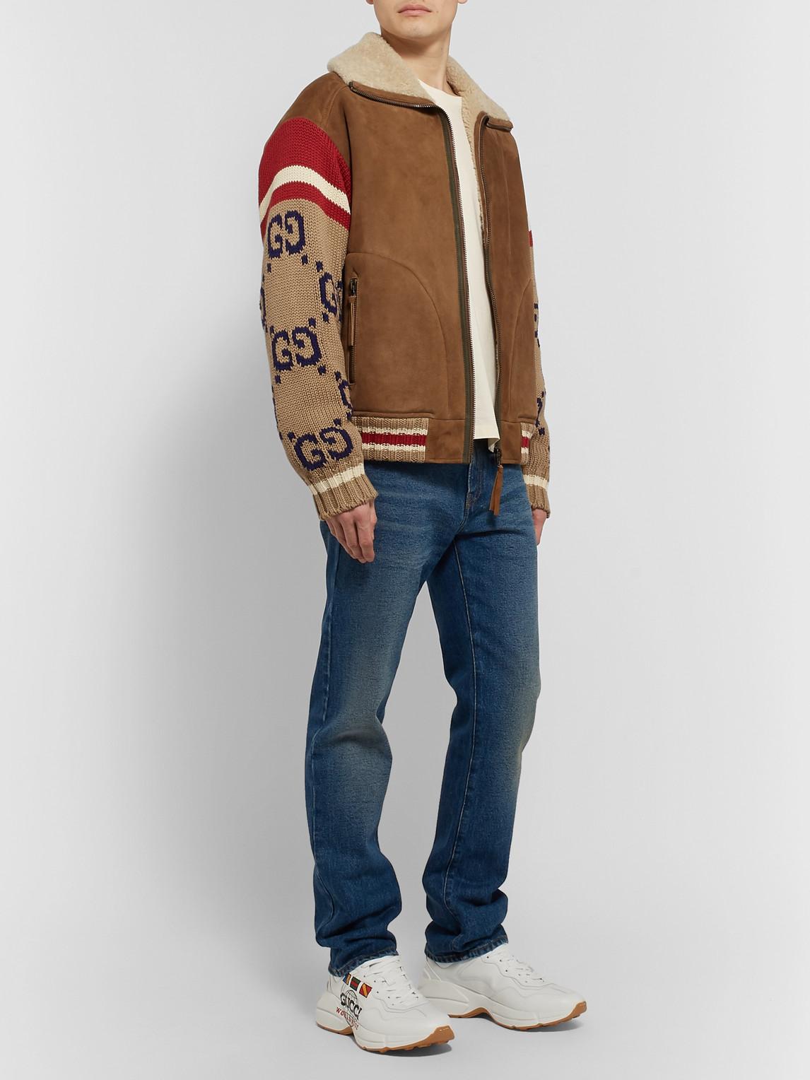 Gucci Knitted Sleeve Shearling Suede Jacket in Brown for Men Lyst UK