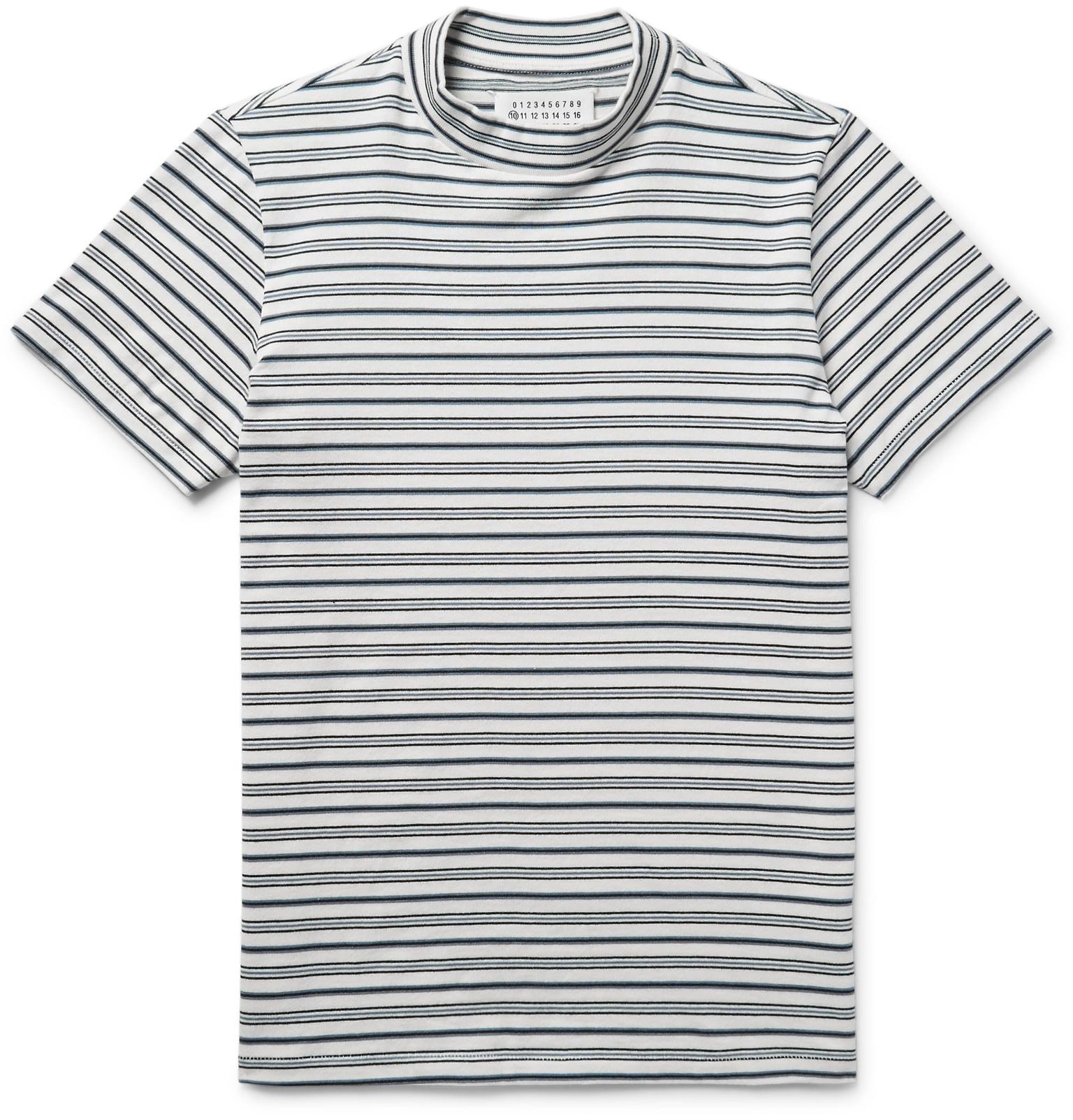 Maison Margiela Striped Cotton Mockneck Tshirt in White