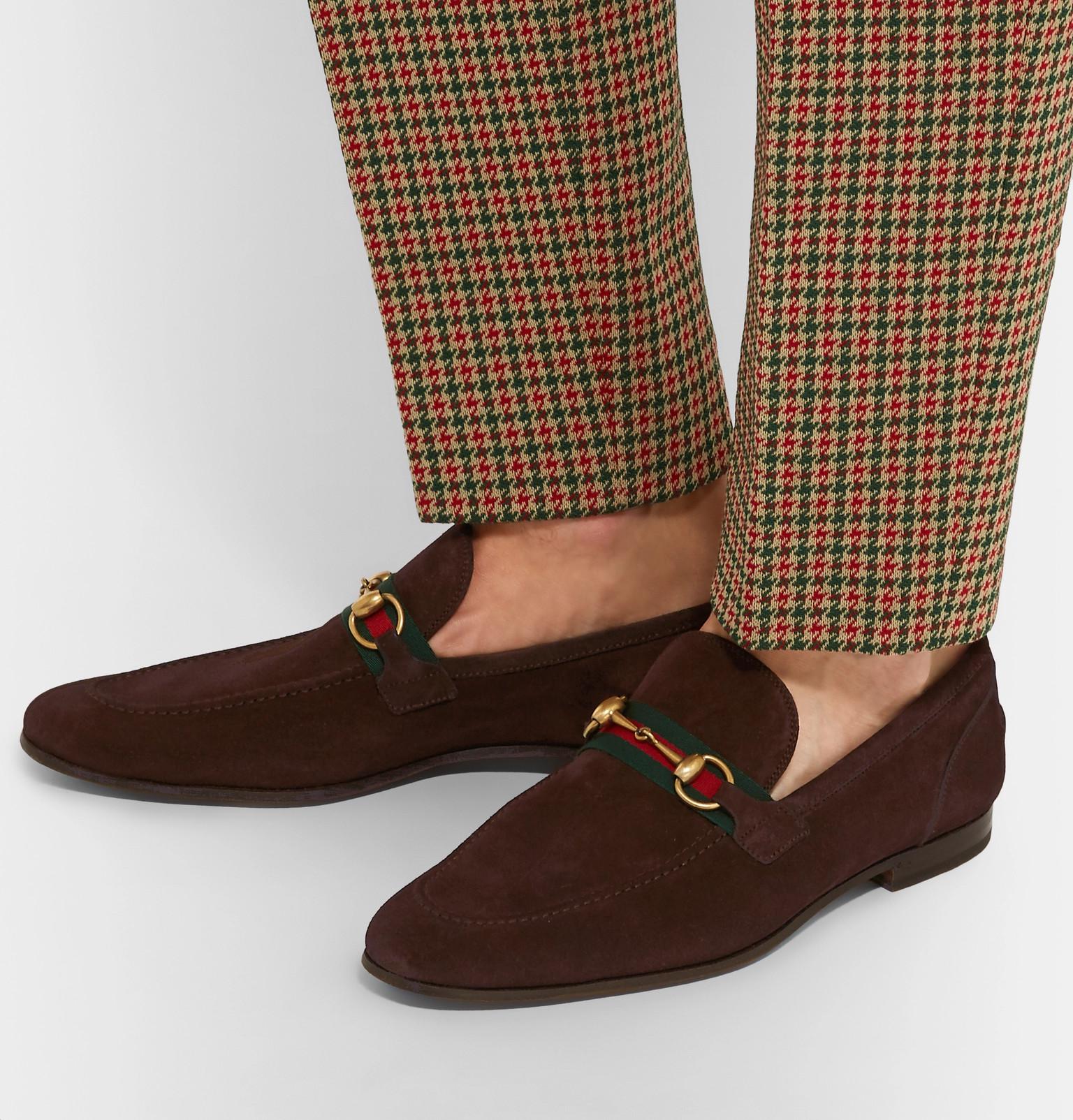 Gucci Horsebit Webbing-trimmed Suede Loafers in Brown for Men | Lyst
