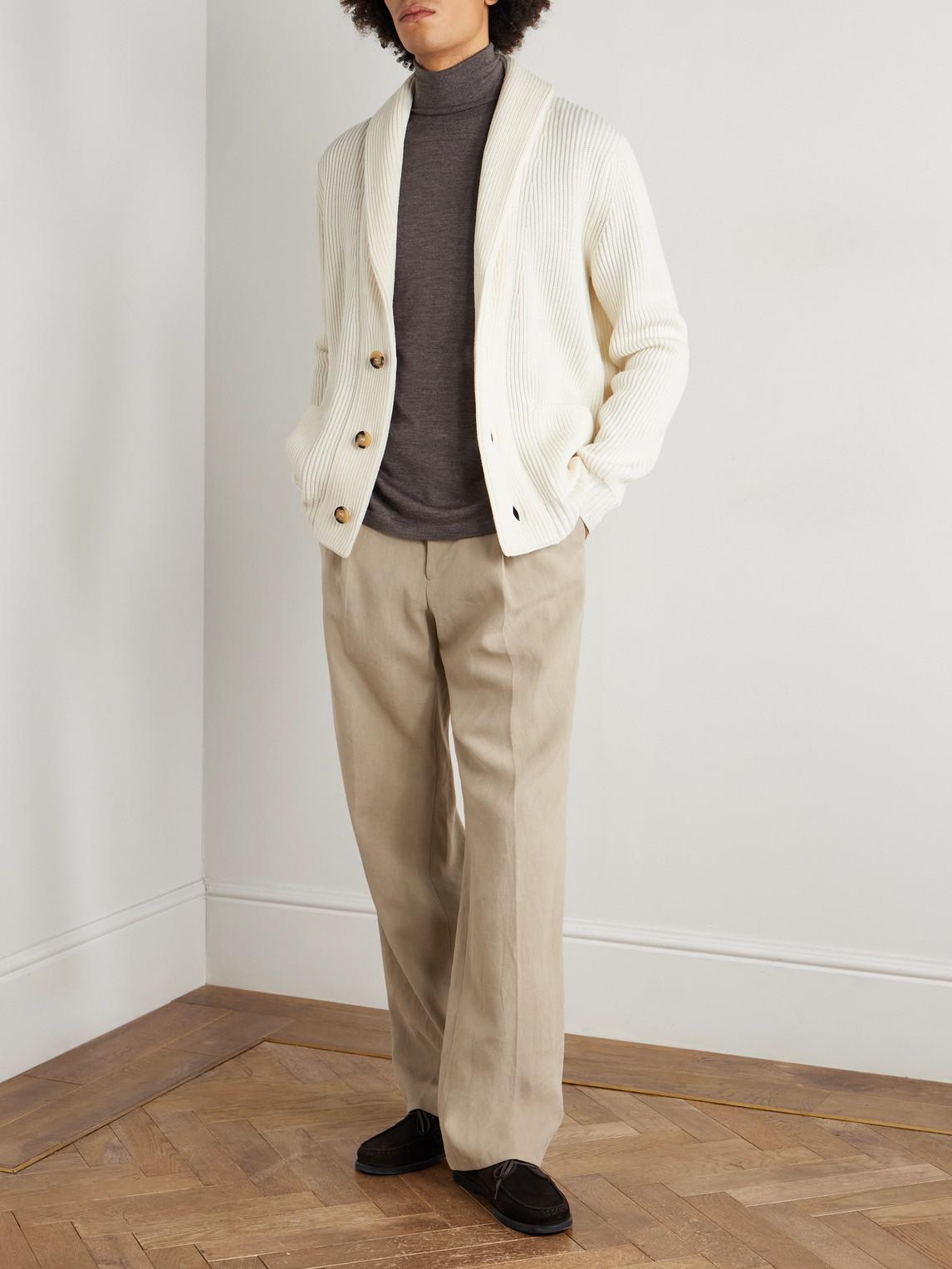 Thom Sweeney Shawl-Collar Ribbed Wool Cardigan in Natural for Men