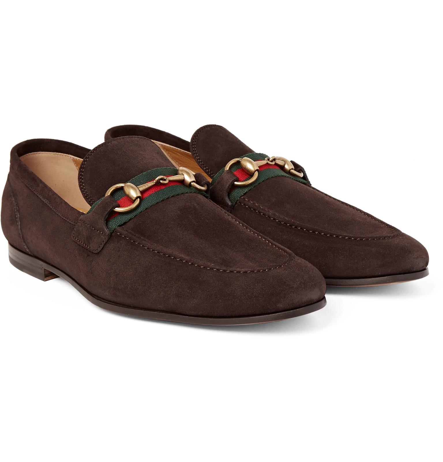 Gucci Horsebit Webbingtrimmed Suede Loafers in Dark Brown (Brown) for