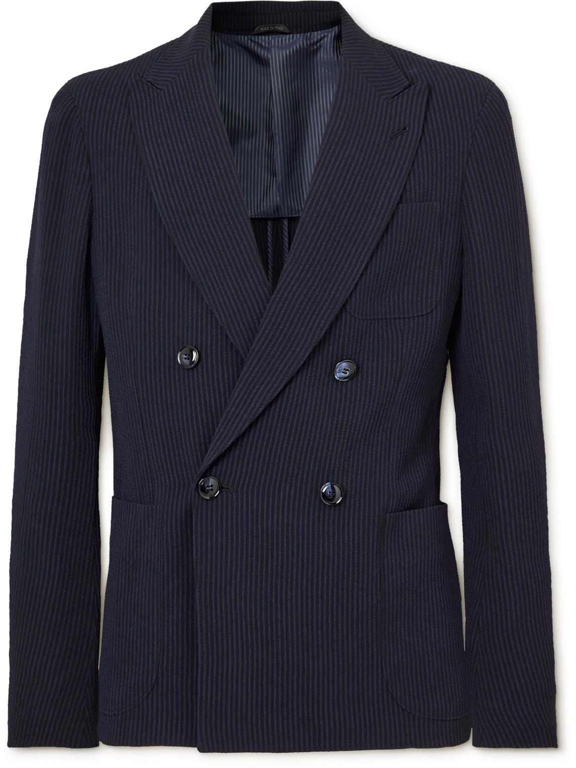 Armani Doublebreasted Striped Seersucker Suit Jacket in Blue