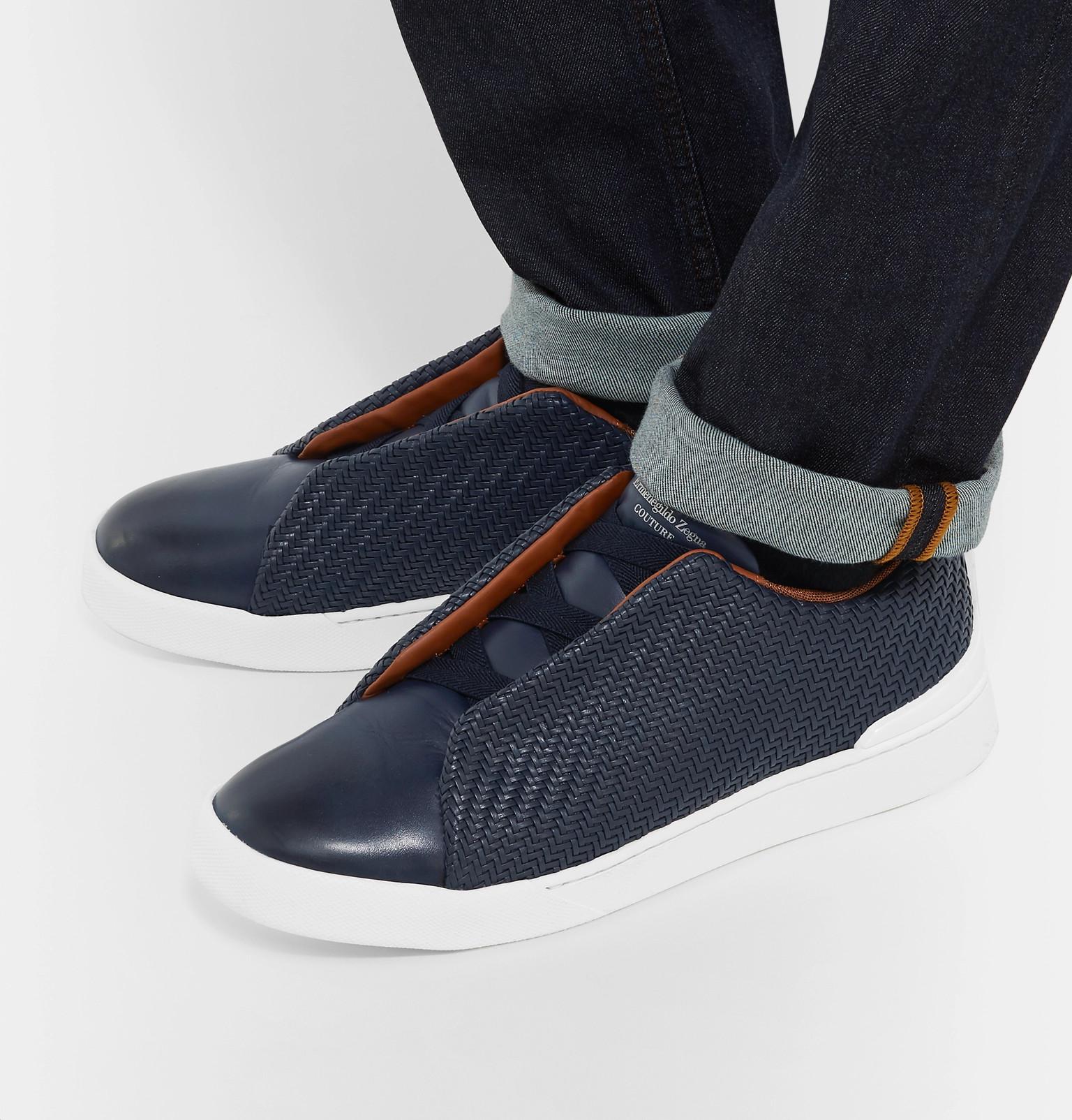 Zegna Triple Stitch Pelle Tessuta Leather Slip-on Sneakers in Blue