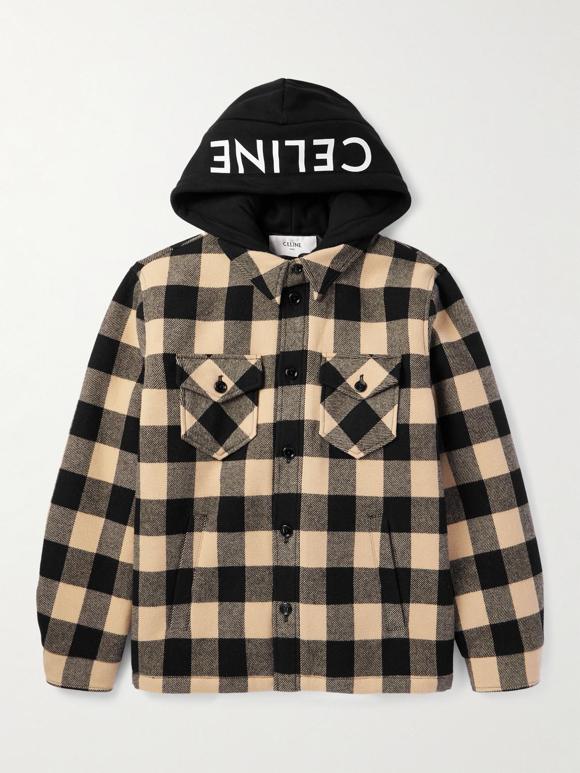 Celine Logo-Print Cotton Jersey-Trimmed Padded Checked Wool Hooded