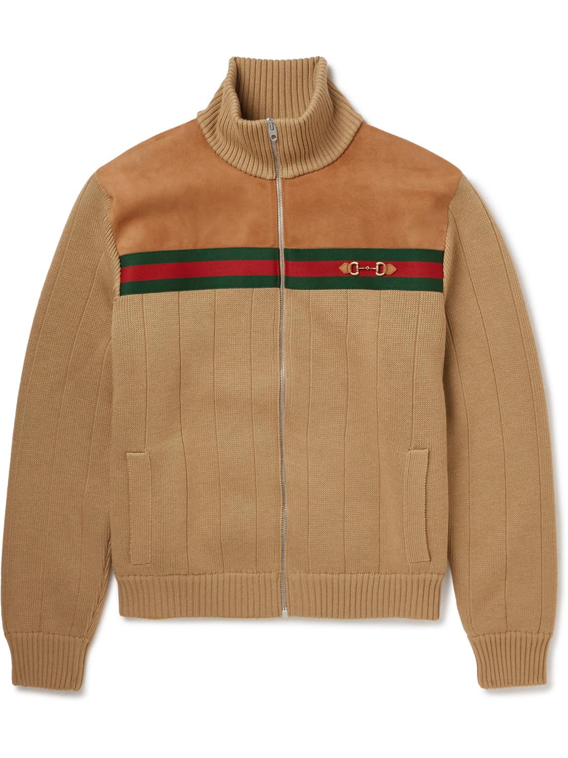 Gucci Webbing-trimmed Suede-panelled Wool Bomber Jacket in Brown
