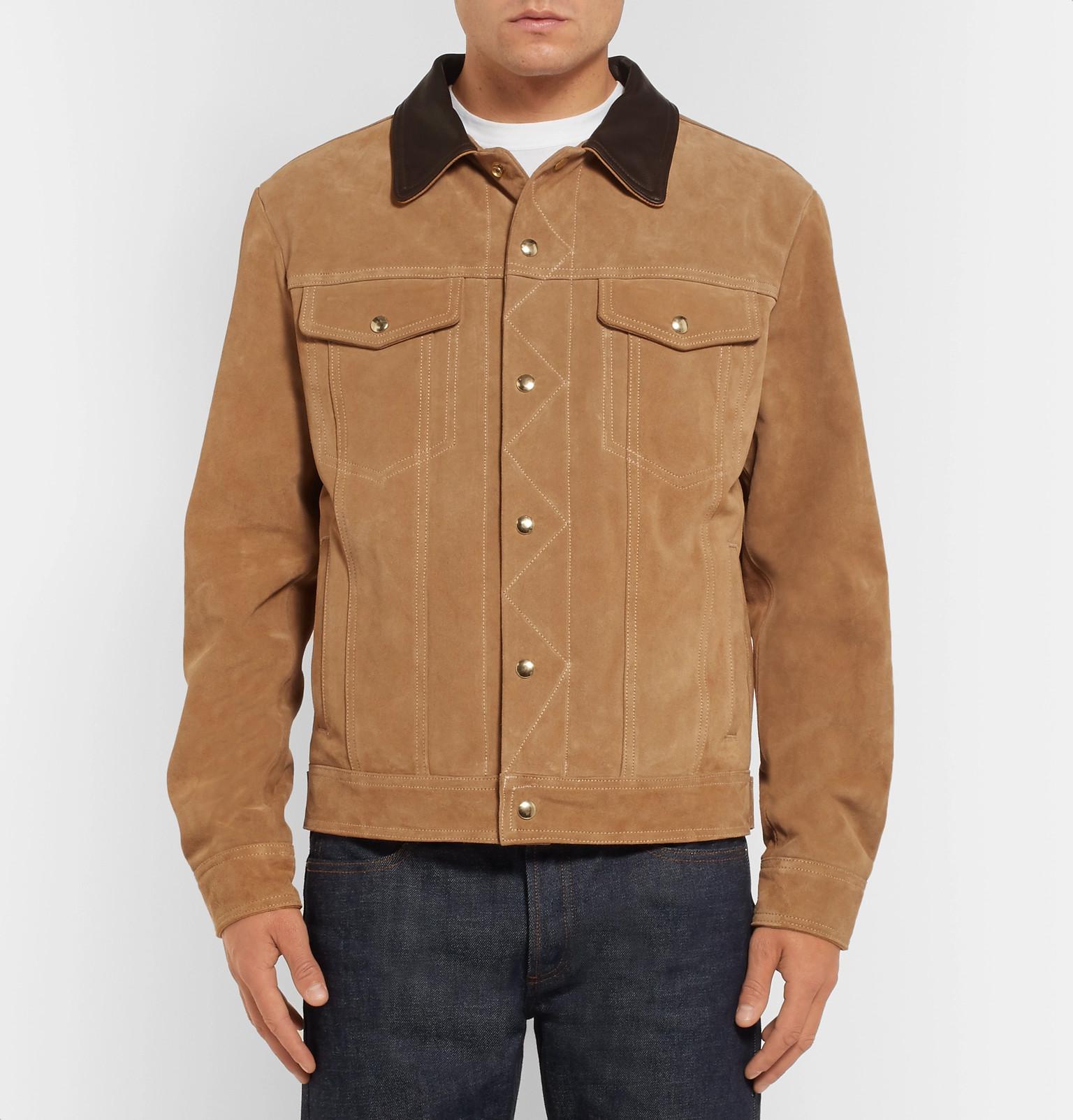 Golden Bear The Holden Leather-trimmed Suede Trucker Jacket in Brown ...