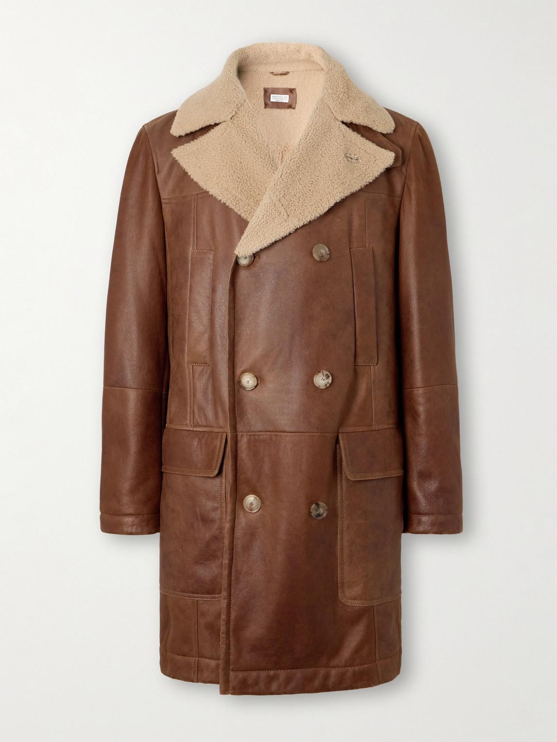 Brunello Cucinelli Double Breasted Shearling Peacoat in Brown for Men Lyst UK