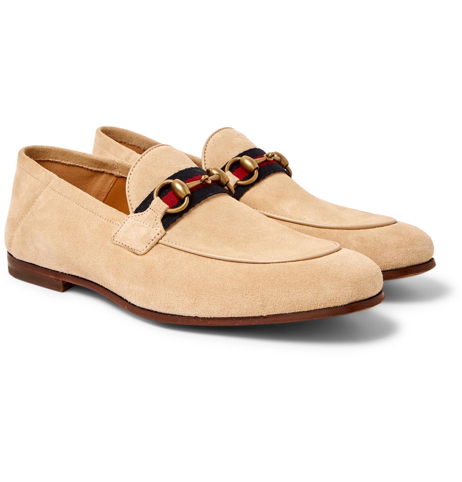 Gucci Brixton Horsebit Webbing-trimmed Collapsible-heel Suede Loafers ...