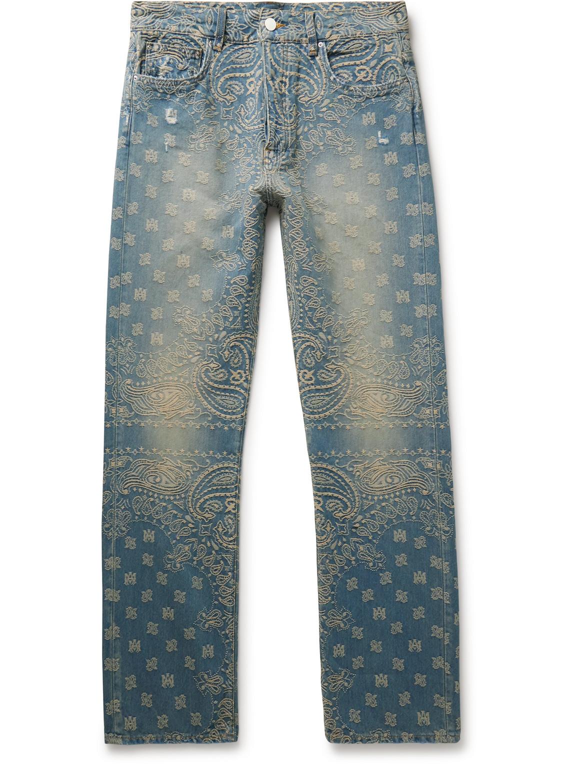 Amiri Straight-leg Distressed Bandana-jacquard Jeans in Blue for