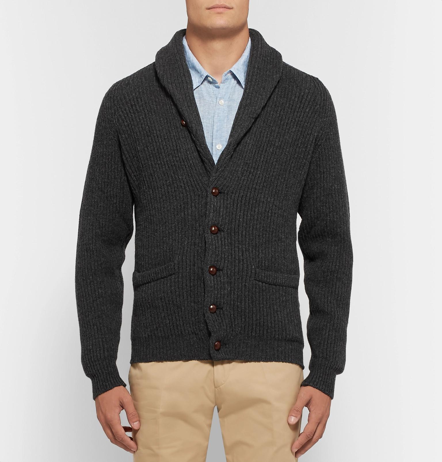 Drake's Slim-fit Shawl-collar Ribbed Wool Cardigan in Gray for Men | Lyst