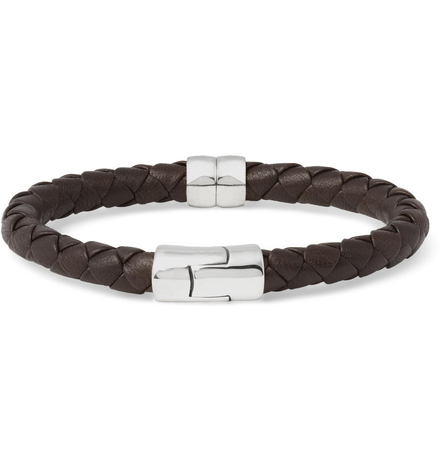 Bottega Veneta Intrecciato Leather And Silver Bracelet in Brown for Men