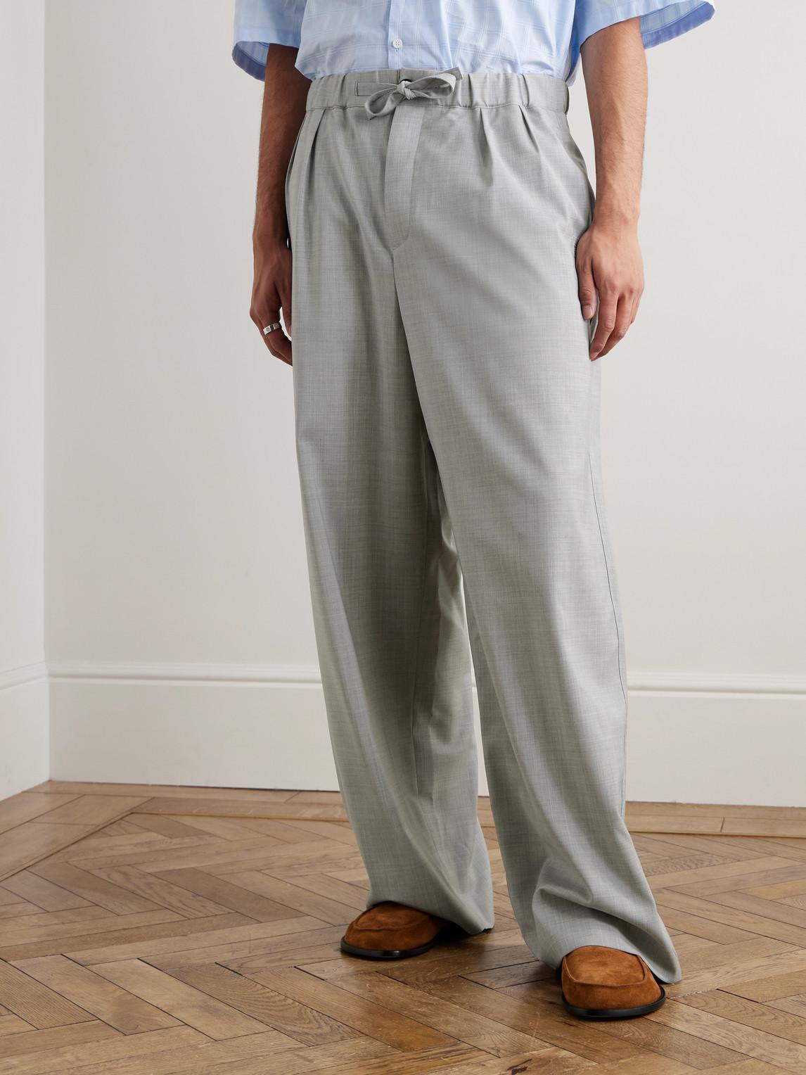 Loewe Wide-Leg Logo-Embroidered Pleated Wool Drawstring Trousers