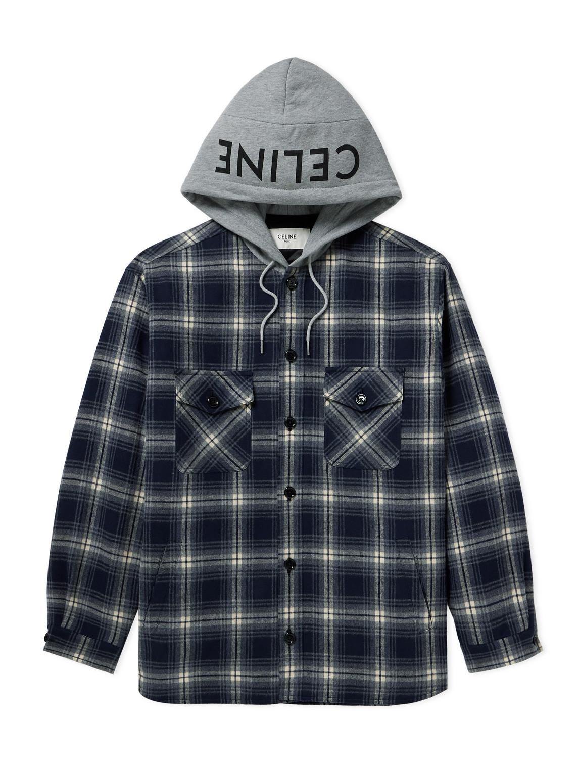 CELINE | CHECKED WOOL HOODED フード付きシャツ Celine Checked Wool And Logo-Print Cotton-Jersey Hooded