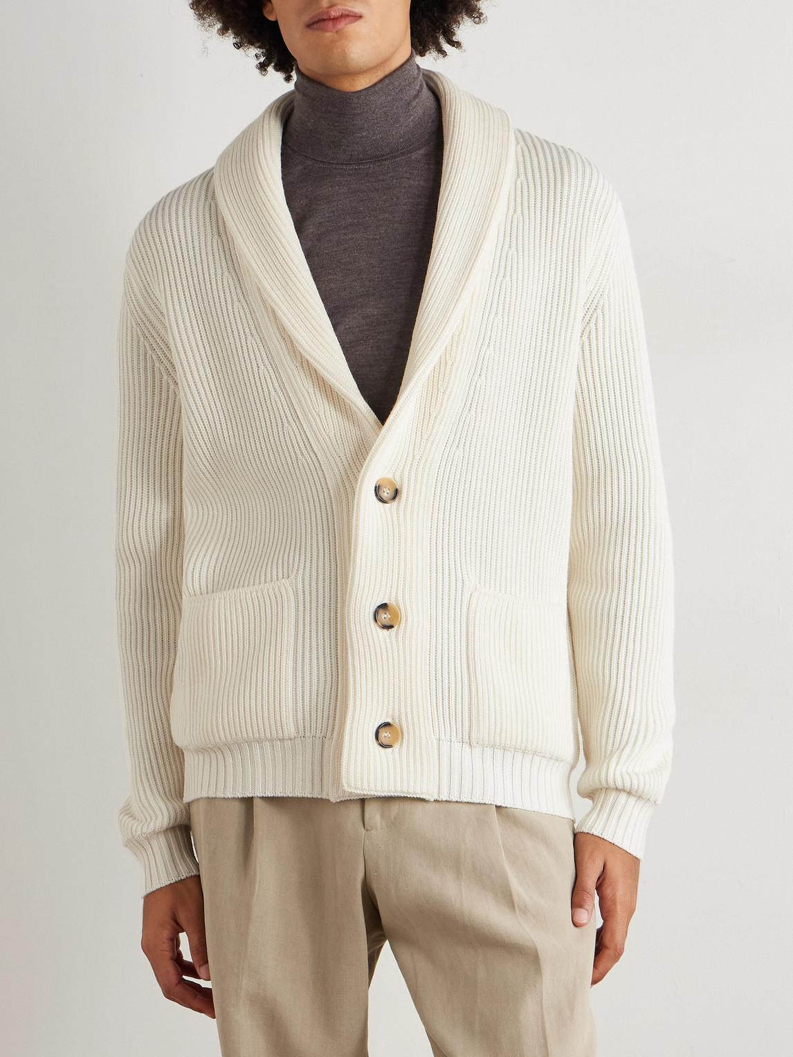 Thom Sweeney Shawl-Collar Ribbed Wool Cardigan in Natural for Men