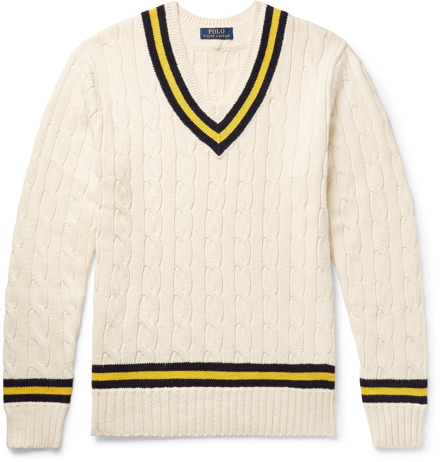 Polo Ralph Lauren Striped Cable-knit Cotton And Cashmere-blend Sweater ...